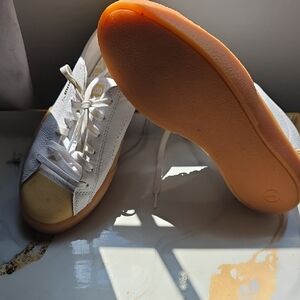 White and Tan Sneakers with Gum Sole